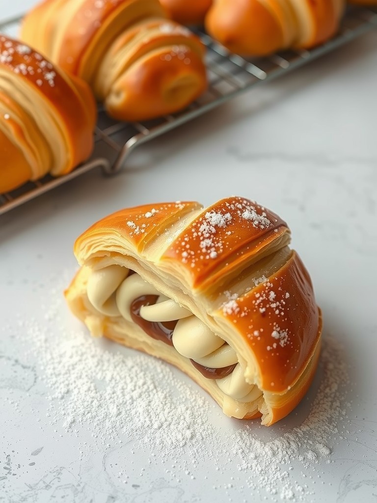 A croissant filled with creamy layers of chocolate and vanilla cream, dusted with powdered sugar.