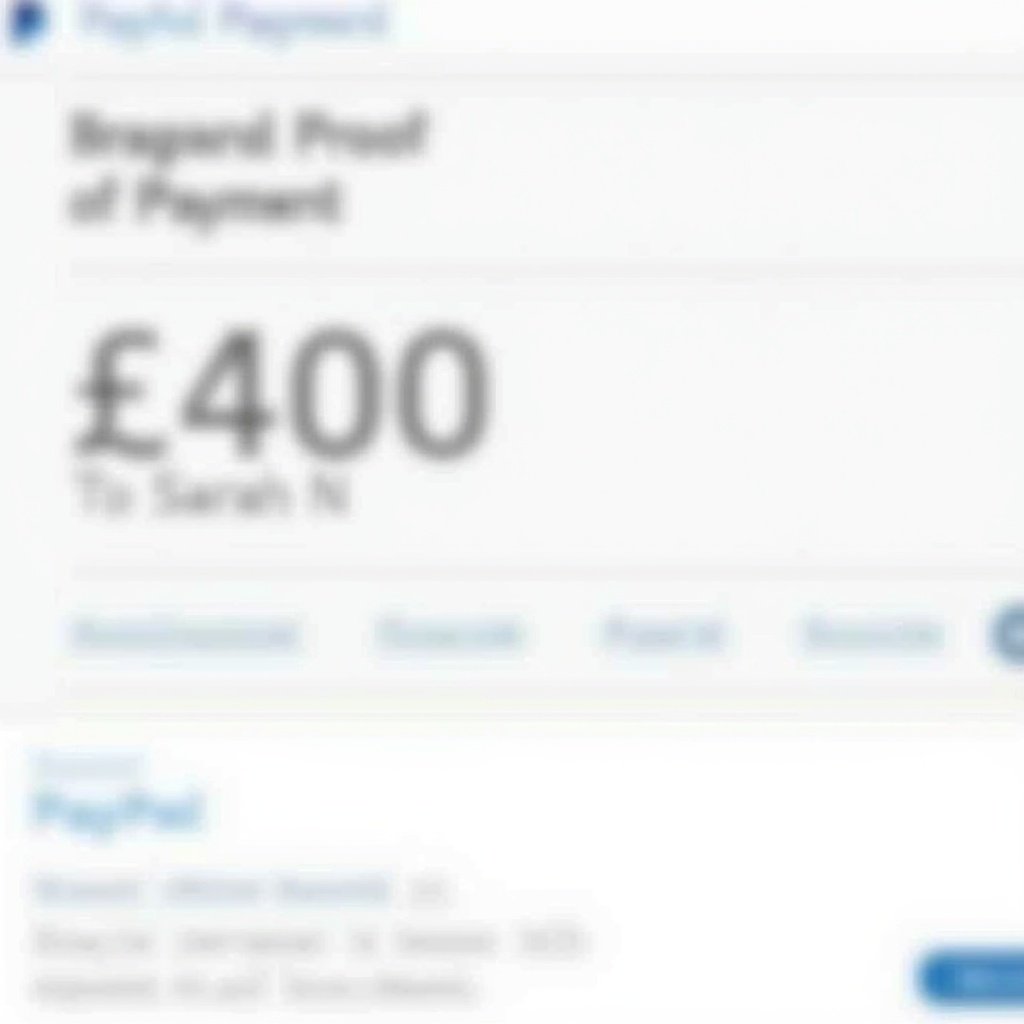 Image of proof of payment document from PayPal. Shows transaction of £400 to Sarah N. Layout is clear with bold text and simplified background.