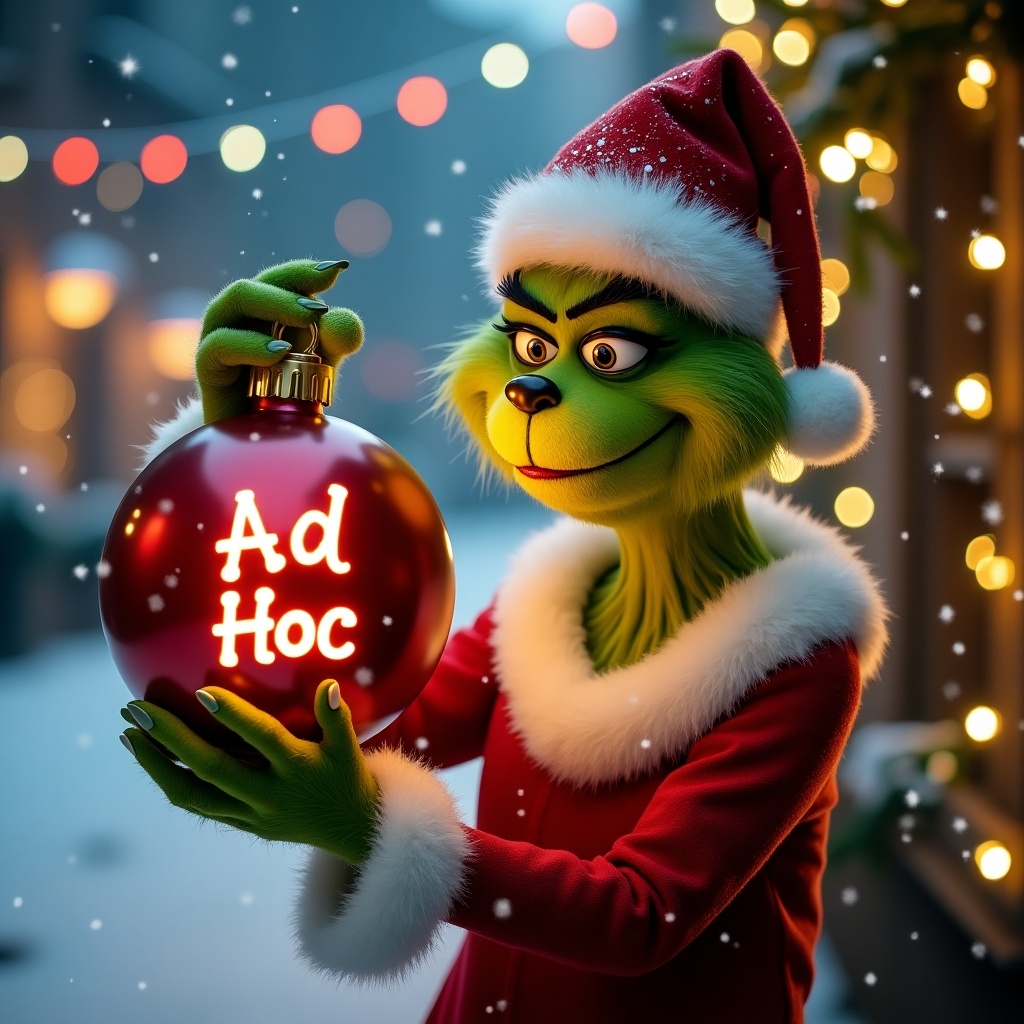 Grinch character with festive Christmas outfit holds a bauble in snowy setting with lights in background. Bauble features text Ad Hoc.