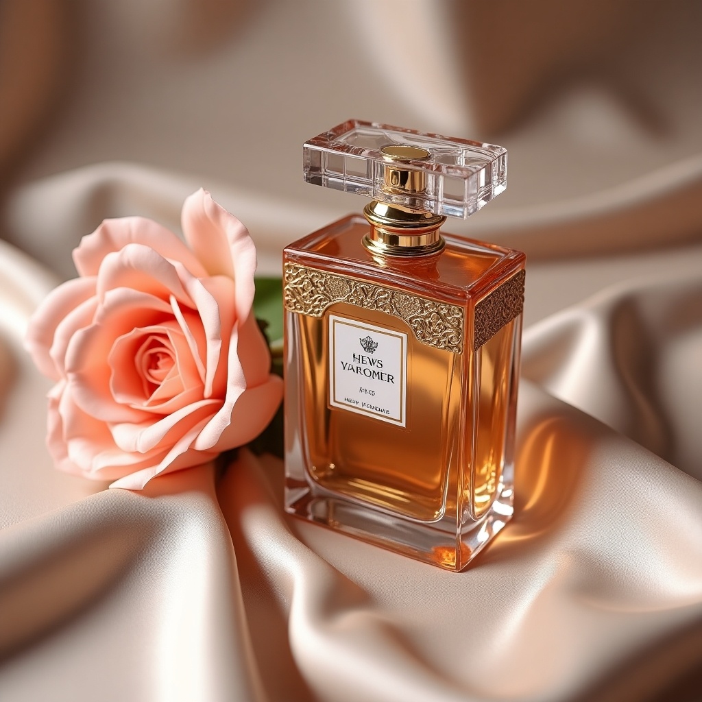 Luxurious perfume bottle with intricate design in the foreground beside a soft peach rose on a silky cream fabric background. Beautifully presented and elegant arrangement.