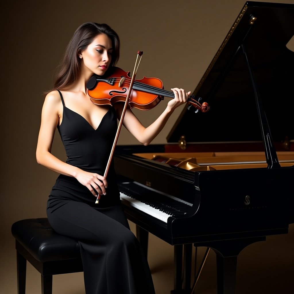 A woman elegantly playing the violin beside a grand piano.