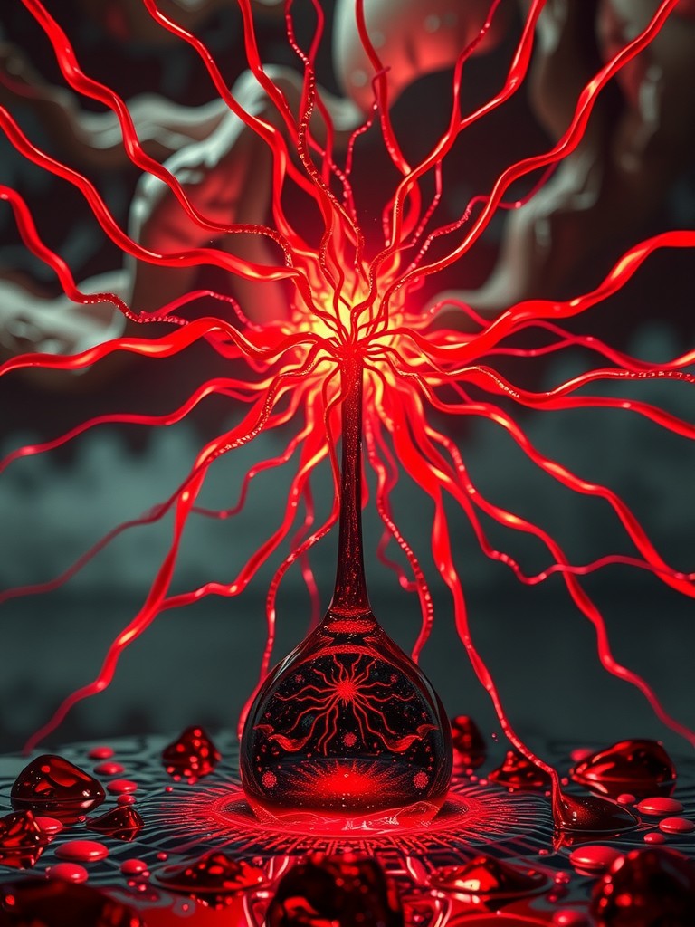 A glowing, red liquid-filled glass container with branching tendrils emanating in all directions.