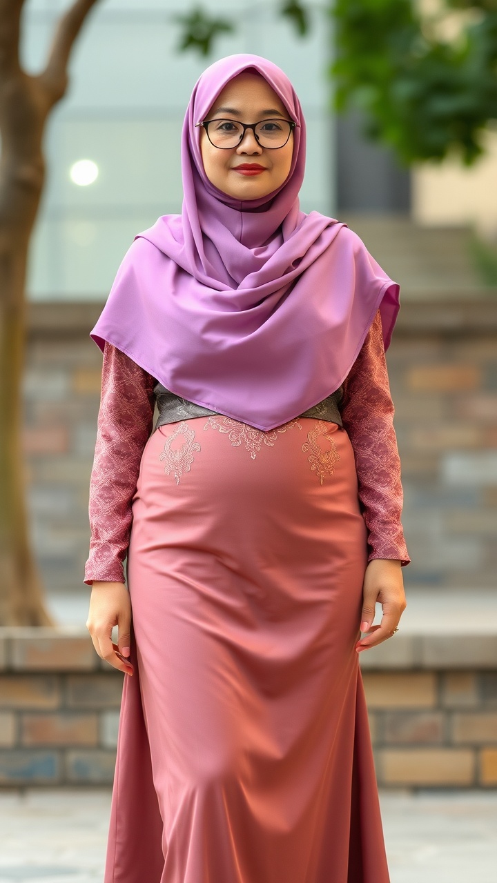 A pregnant woman in a pink hijab and dress standing outdoors with soft lighting.