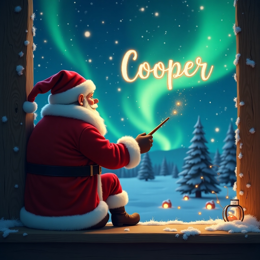 The image showcases Santa Claus in a cozy setting, sitting by a window and gazing at the magical night sky filled with northern lights. With his back facing the viewer, he elegantly uses a magic wand to write the name 'Cooper' in shimmering light against the backdrop. The scenery is enchanting, complete with snow-covered trees and festive decorations, creating a warm Christmas spirit. This charming illustration captures the joy and wonder of the holiday season, making it perfect for various festive uses.