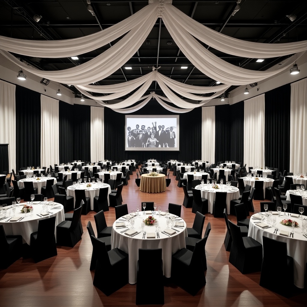 The image displays a spacious banquet room measuring 200 feet by 200 feet. It features neatly arranged round tables, each dressed elegantly with white tablecloths and dark chairs. The room is adorned with flowing black and white drapes that add a touch of sophistication. Large floor-to-ceiling black and white photos of African American graduates decorate the walls, celebrating their achievements. Soft lighting enhances the inviting atmosphere, making it an ideal setting for memorable events.