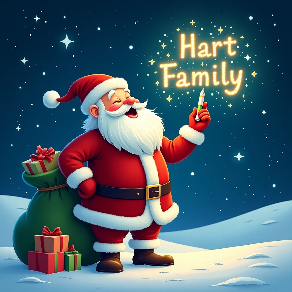 Charming Christmas scene features Santa Claus in snow. He writes Hart Family in the sky with a glowing pen. Vibrant text shines against a starry background. Bag of presents rests at Santa's feet. Traditional red and green colors enhance the holiday spirit. Captures the magic of Christmas and personalization.