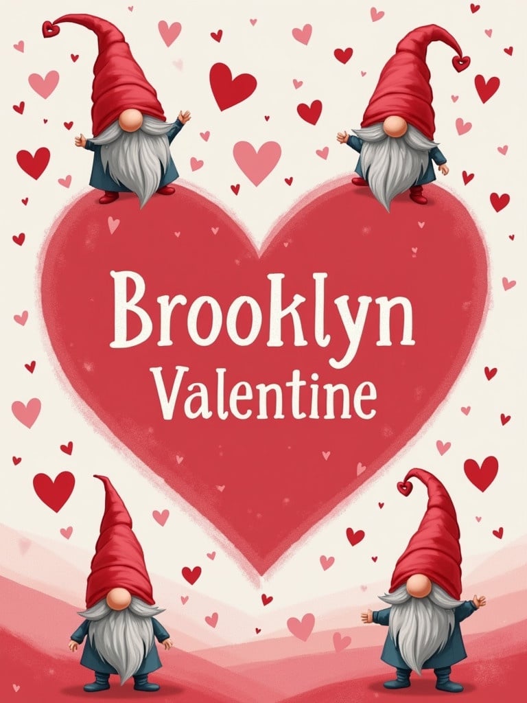 Valentine's themed illustration. A large heart with the name Brooklyn in the center. Gnomes placed around the heart. Decorative elements include smaller hearts in the background.