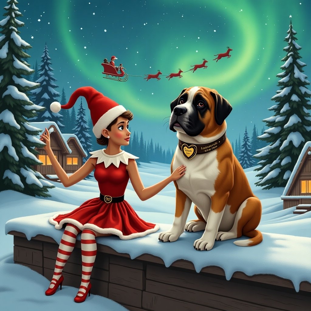 Carmel skinned female elf in red skirt outfit on wooden ledge with a big Saint Bernard. Elf holds wand writing message in the sky. Scene shows snow-covered land, quaint houses, tall evergreen trees under Northern Lights. Silhouette of Santa's sleigh is visible in distance.