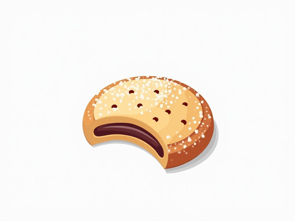 A digital illustration of a cookie with a bite taken, showing chocolate filling inside, sprinkled with sugar on top