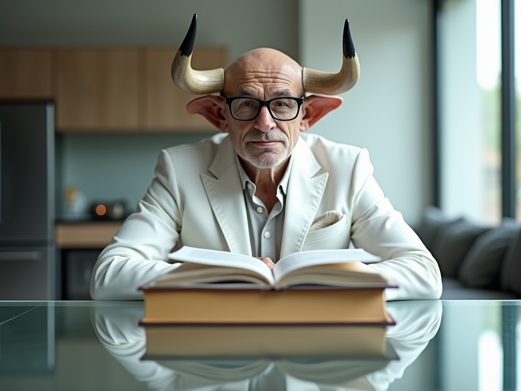 This surreal image portrays a man with bull horns seated at a glass table, engrossed in a large open book. The setting appears to be a modern indoor space with natural light streaming through large windows. The man is dressed in a tailored white suit, exuding an air of sophistication, while his horns lend an otherworldly touch to the scene.