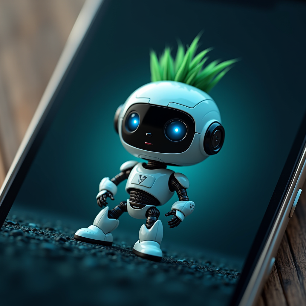 A cute robot with glowing blue eyes and green hair appears on a smartphone screen.