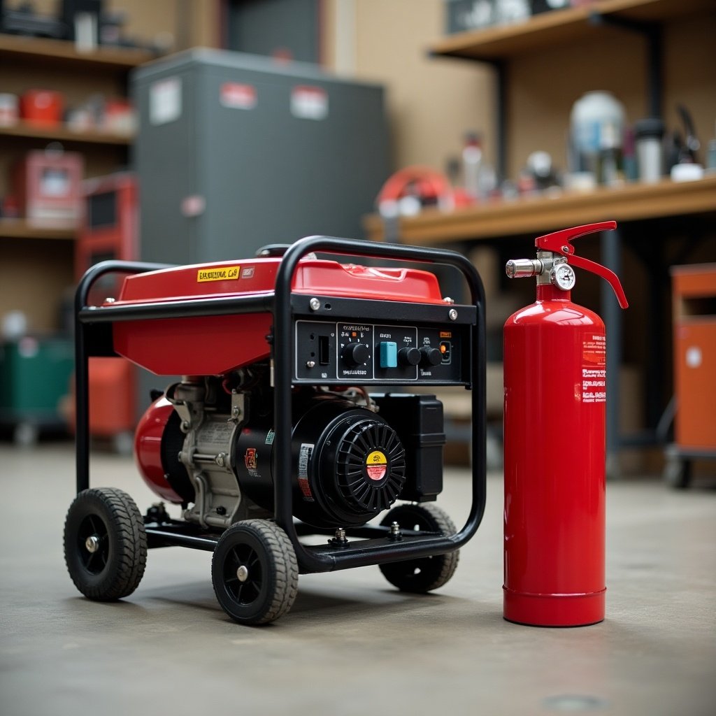 A small generator placed next to a fire extinguisher in a workshop setting. The generator has a red casing and is mounted on wheels.