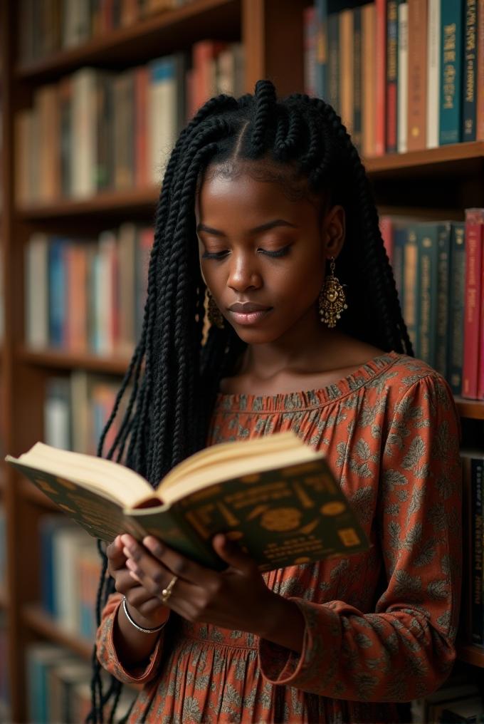 A woman is reading a book in a library, surrounded by shelves full of books.