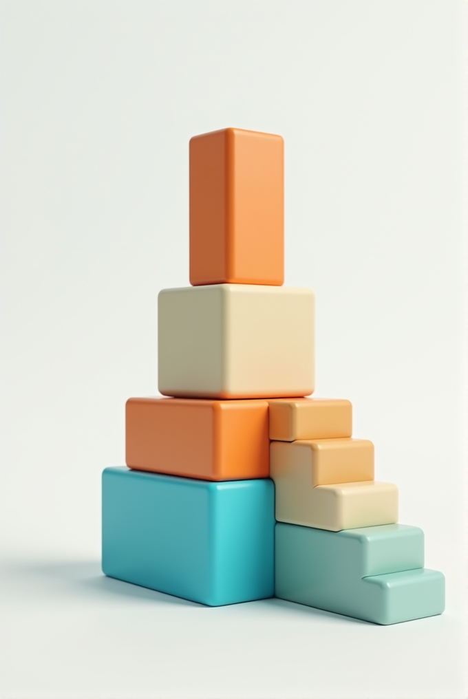 A stack of four colorful, rectangular blocks with three steps on the side.