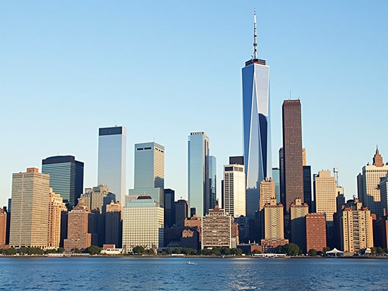 photo of New York City skyline with skyscrapers and water in foreground at daylight