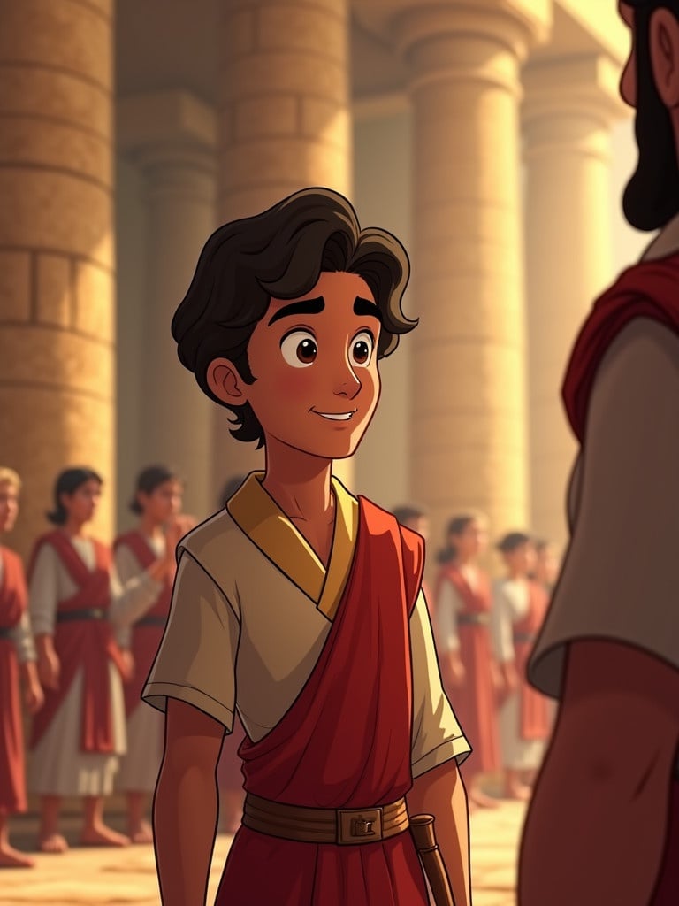 Cartoon illustration of young man in royal clothing. He stands in front of a king in an ancient Babylon courtroom. The setting has large stone pillars creating a majestic atmosphere. The young man displays an expression of kindness and wisdom. The scene has other subjects with no face focus, adding depth to the illustration.