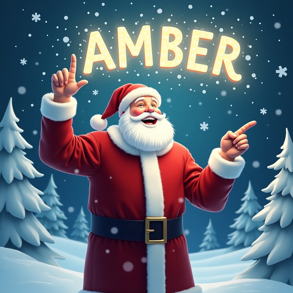 The image depicts a joyful Santa Claus standing in a winter wonderland. He is dressed in his traditional red suit with white trim and a matching hat. Santa is pointing upward as if he is magically writing a name in the sky. Snowflakes gently fall around him, adding to the festive atmosphere. In the sky, the name 'AMBER' is written in bright, glowing letters. The background features snowy trees, enhancing the Christmas scene.