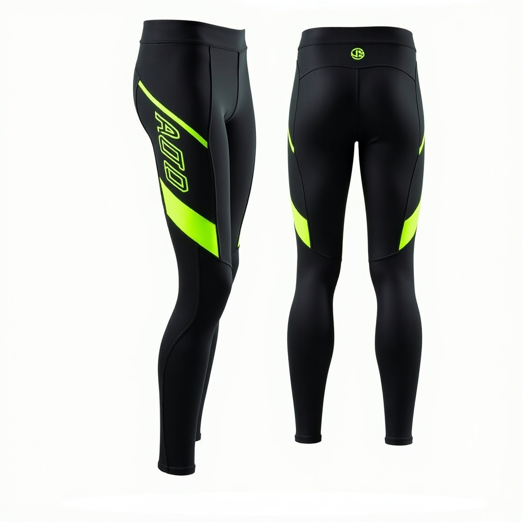 The image showcases a pair of athletic pants designed for comfort and performance. They feature a modern design primarily in black with striking bright green reflective stripes. These pants are ideal for visibility during outdoor activities like running or sports. Made of stretchy material, they allow for easy movement and flexibility. The logo indicates a reputable sportswear brand, appealing to fitness enthusiasts and athletes.