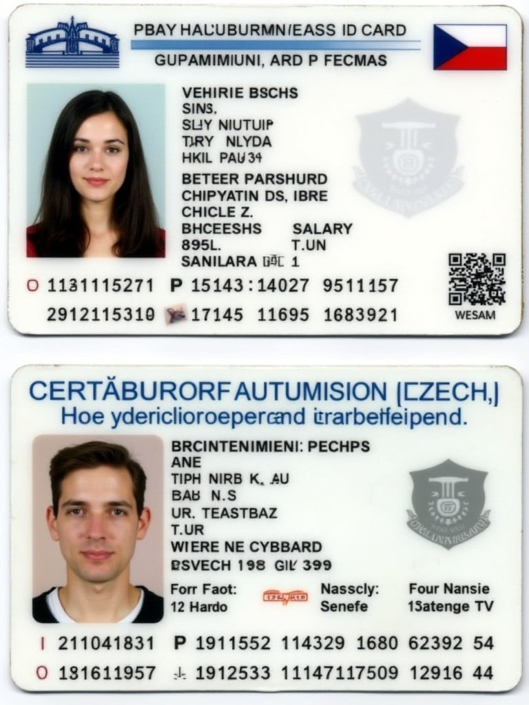 The image shows the front and back side of a Czech ID card. One side displays personal information such as name and birth date. Age is indicated as 18 years. The design features various government elements and an identification photo is located centrally on the card.