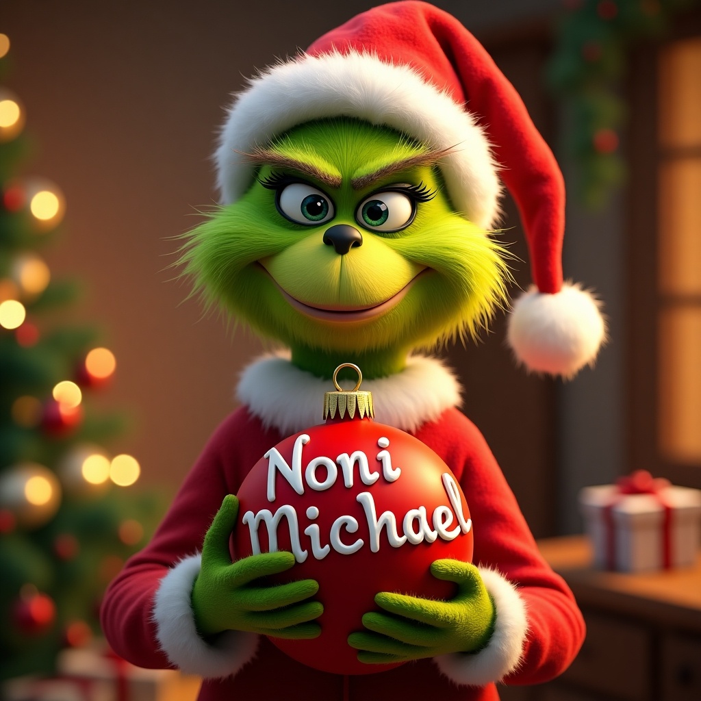 Character is the Grinch in a Santa outfit. Grinch holds a red ornament with names Noni and Michael. Warm colors and holiday decorations are present.