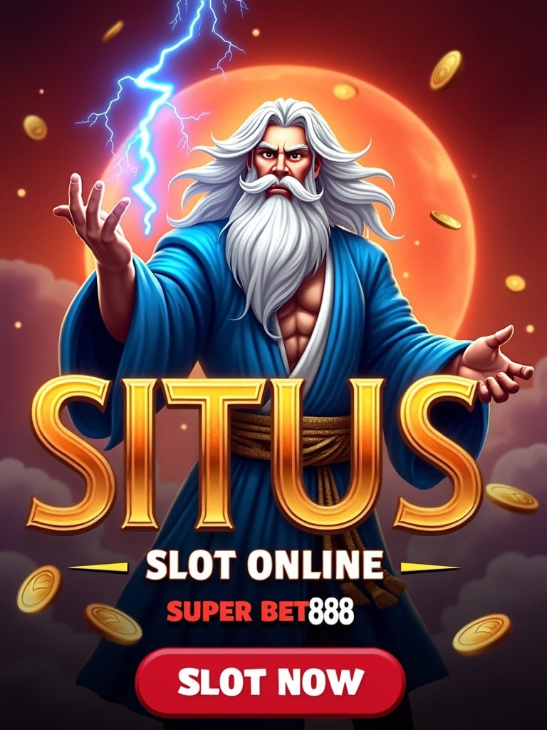 Design promotional banner for online slot game. Background features mythical god in blue robe. Action pose with lightning bolt in hand. Title reads SITUS SLOT ONLINE and Super Hotbet888. Bright red background with swirling clouds. Floating coins create adventurous atmosphere.