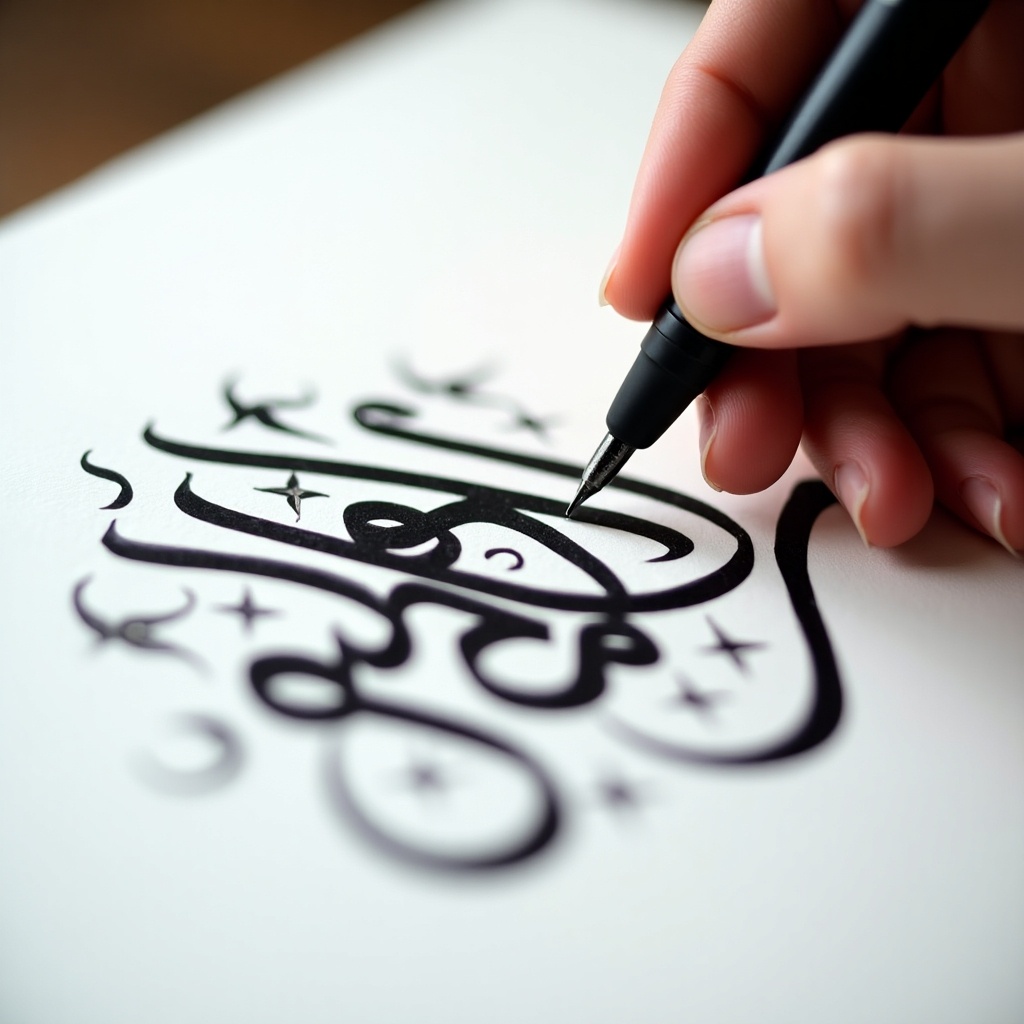 Close-up view of hand using pen to write Arabic calligraphy. Bold black ink on white paper. Hand appears steady and focused on letters. Designs surround the main calligraphy. Soft lighting enhances the strokes.