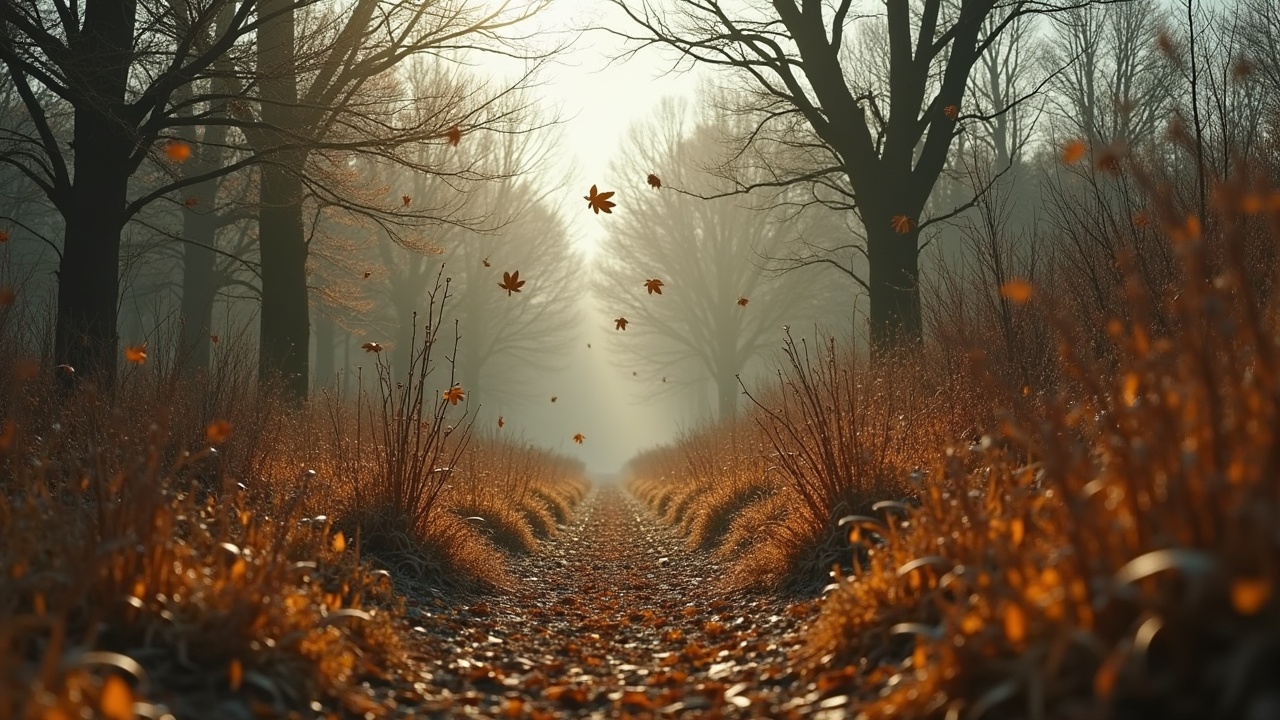 This image depicts a serene pathway flanked by trees, showcasing a beautiful autumn scene. Leaves are gently falling, signaling the transition into a quieter, more dormant season. The atmosphere is enhanced by soft, natural light filtering through the branches. The withered grass along the path adds to the seasonal charm, creating a breathtaking and tranquil moment in nature. Overall, this image captures the essence of a peaceful journey through a changing landscape.