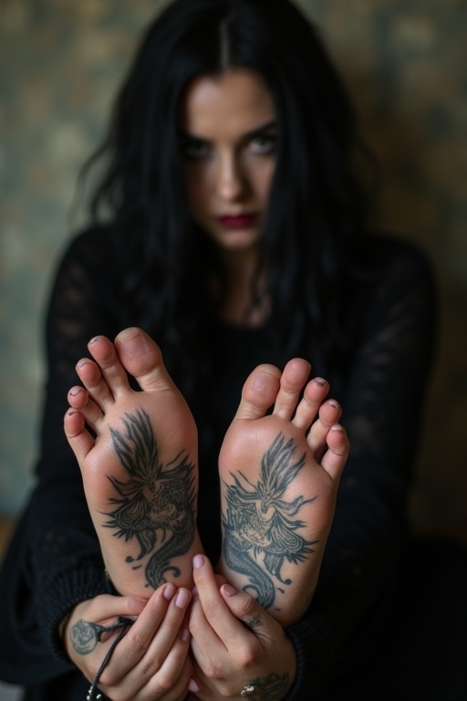 Mature goth woman with long black hair. Feet are bare showing detailed tattoos on soles