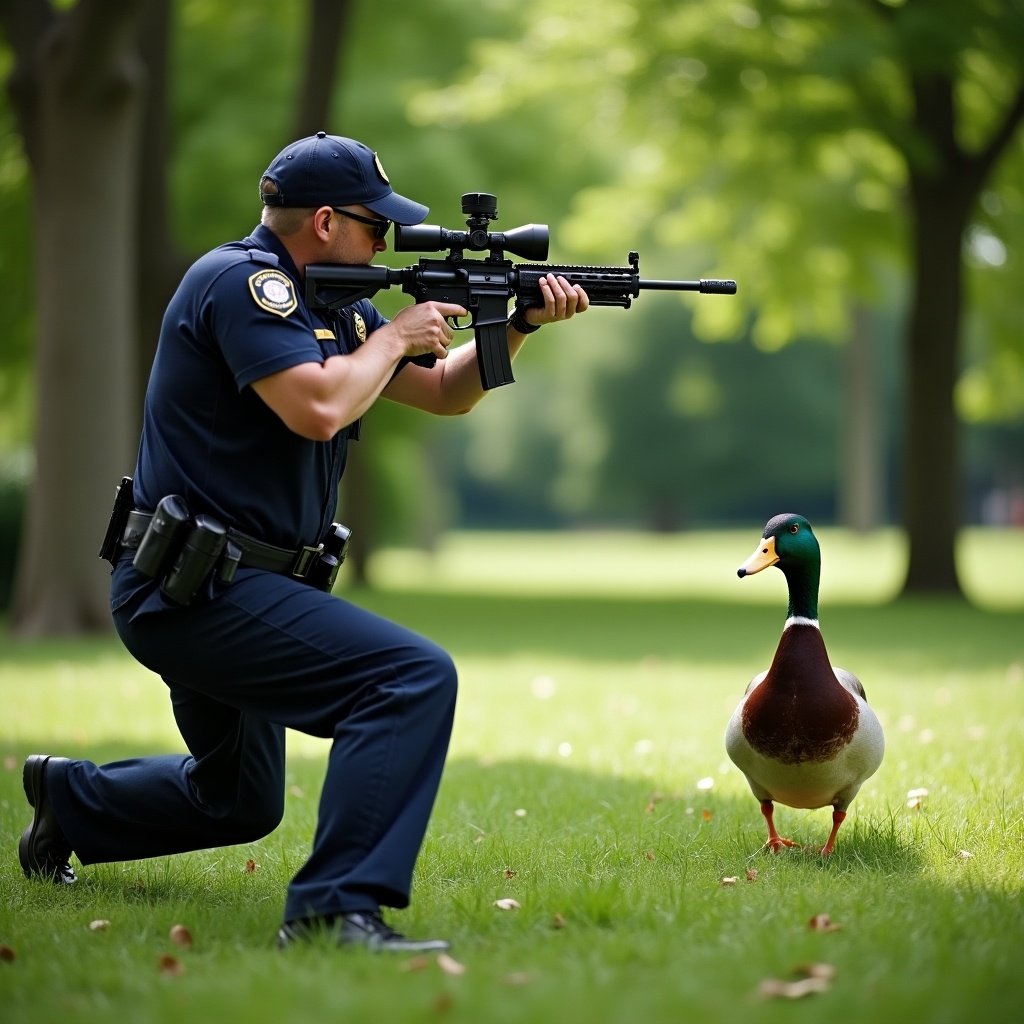 Police officer aiming a weapon towards a duck in a park setting. Natural surroundings include trees and grass. Officer is in tactical gear. Duck is in the foreground.