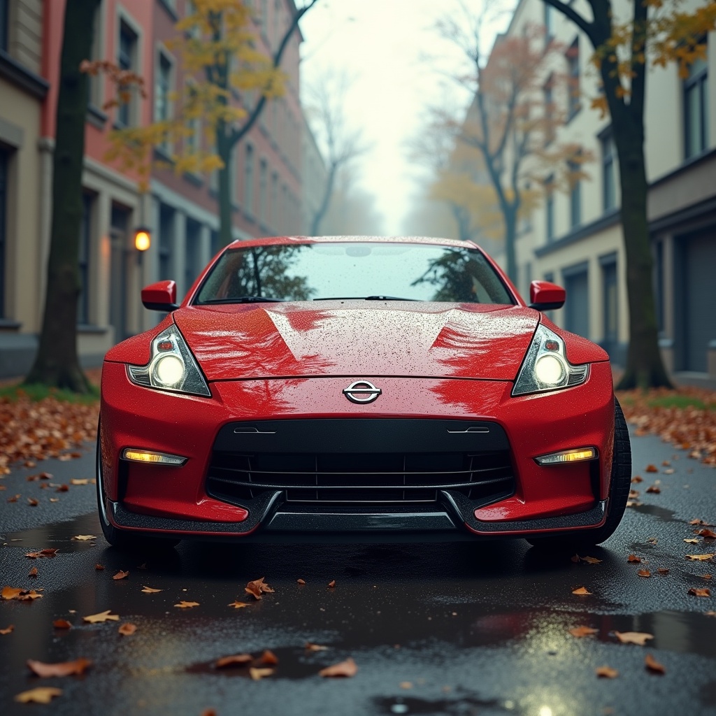 This image showcases a striking red sports car positioned in a serene urban setting. The angle captures the car's front view, highlighting its sleek design and aggressive features, such as distinctive headlights and a bold grille. The scene is set against a backdrop of autumn, with fallen leaves on the wet pavement, creating a reflective surface that enhances the car's appeal. The atmosphere is calm and moody, with muted colors in the surrounding buildings. This composition emphasizes the car's vibrant color and dynamic presence.