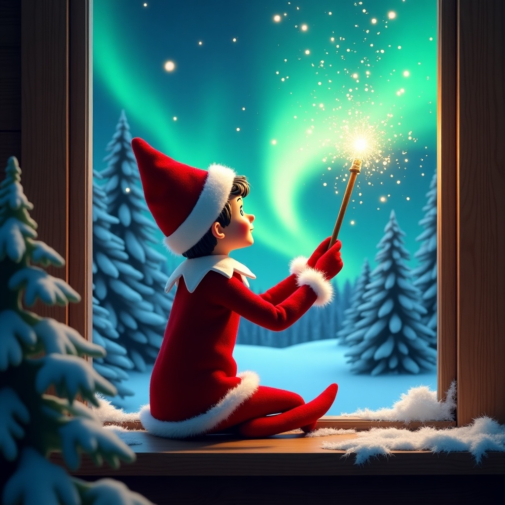 The image features an adorable elf on the shelf sitting on a window ledge with his back turned to the viewer. He is using a magical wand to create twinkling sparks while looking up at a stunning display of northern lights. The background is set in a winter wonderland, filled with snow-covered pine trees, conjuring a festive holiday feel. Dressed in a vibrant red outfit with white trim, the elf embodies the Christmas spirit. The scene is illuminated by the enchanting colors of the aurora borealis, enhancing the magical ambiance.