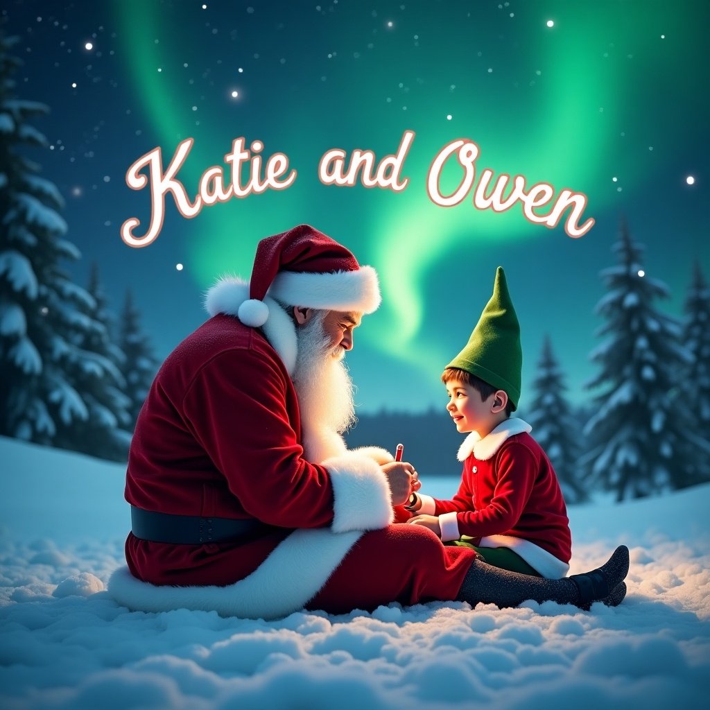 Santa Claus and an elf sit together in a snowy landscape. Northern lights illuminate the night sky. Santa writes while looking at the eager elf. The snowy ground reflects the soft colors creating a magical atmosphere. Captures Christmas spirit. Text in sky: Katie and Owen.