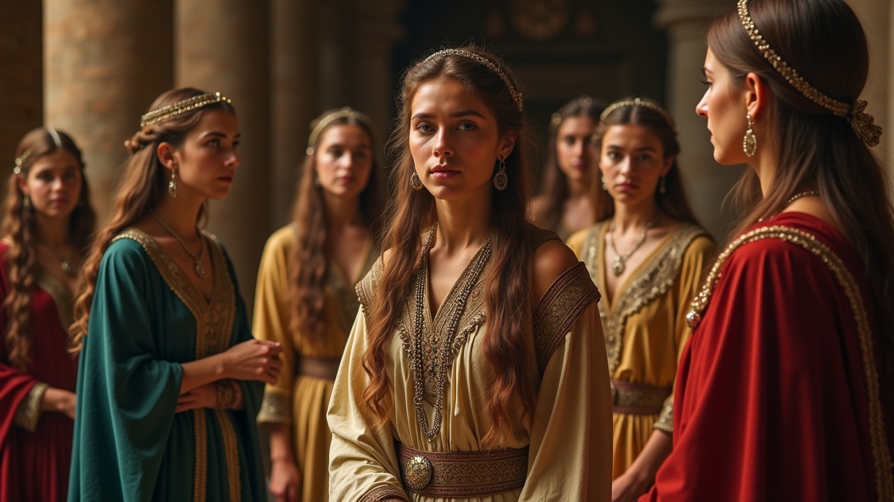 A group of women in medieval-style gowns standing in an ancient hall, with soft lighting and elegant attire.