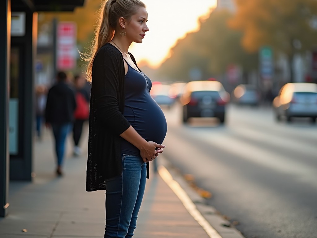 A pregnant woman standing on a busy city street, with cars and pedestrians in the background, during sunset.