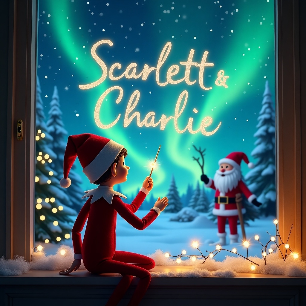 This image features an elf on the shelf sitting with his back turned, gazing into the night sky. He is using a magic wand to elegantly write the names 'Scarlett & Charlie' amidst the vibrant northern lights. In the background, Santa Claus is joyfully waving, bringing extra festive cheer. The scene is adorned with twinkling fairy lights, enhancing the magical atmosphere. Snowflakes fall gently, providing a serene winter wonderland setting, evoking holiday warmth and joy.