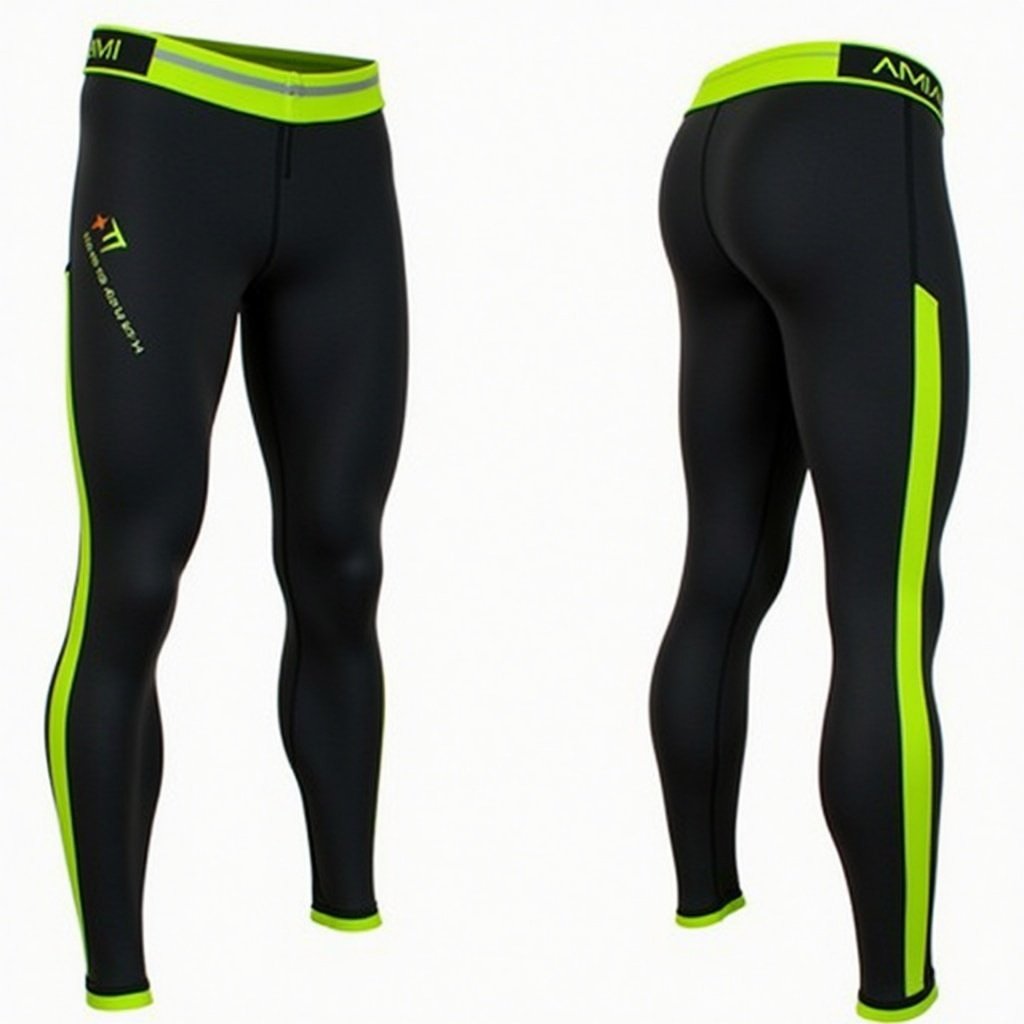 A pair of athletic pants primarily black with bright green reflective stripes. Designed for comfort and performance. Sleek modern design ideal for running or sports. Likely made of stretchy material for ease of movement. Brand logo suggests sportswear focus.