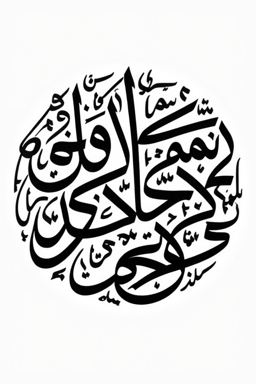 Handwritten Arabic calligraphy displays names. Circular shape with intricate design. Filling entire area with text. Elegant and artistic style.