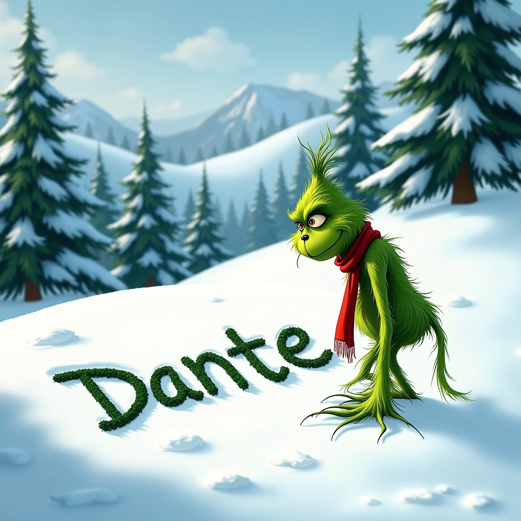 The Grinch writes Dante in snow. Snow-covered hills and evergreen trees surround the scene. The Grinch wears a red scarf.