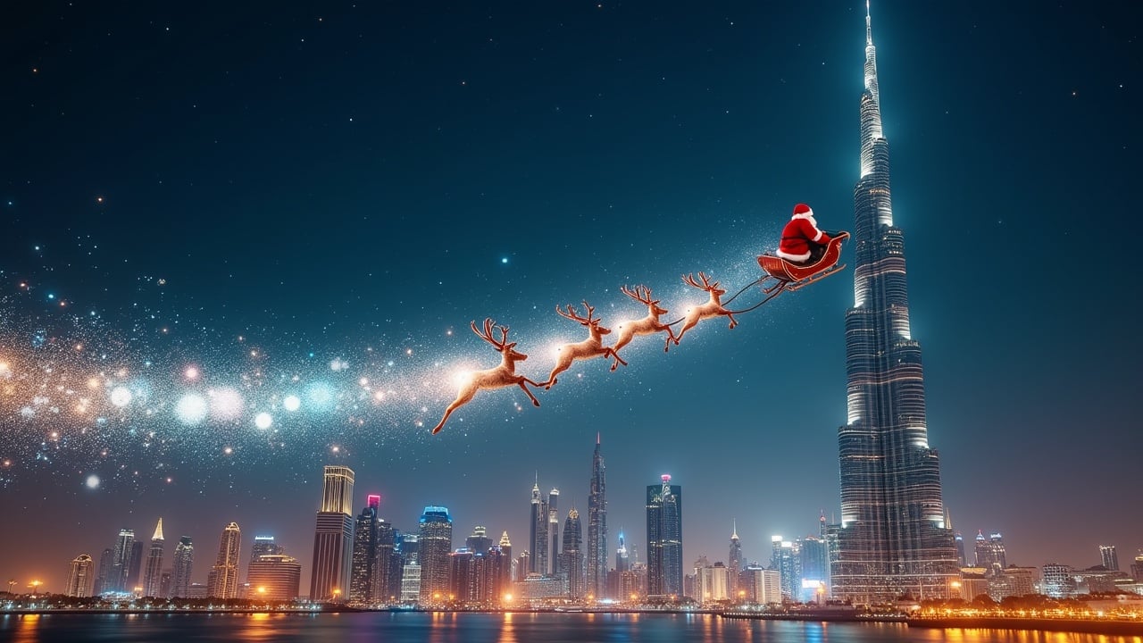 Create a magical scene featuring Santa Claus flying past the Burj Khalifa. Include sparkling effects transforming into BIM models of Dubai's landmarks. Utilize Arriflex Alexa for ultra realism.