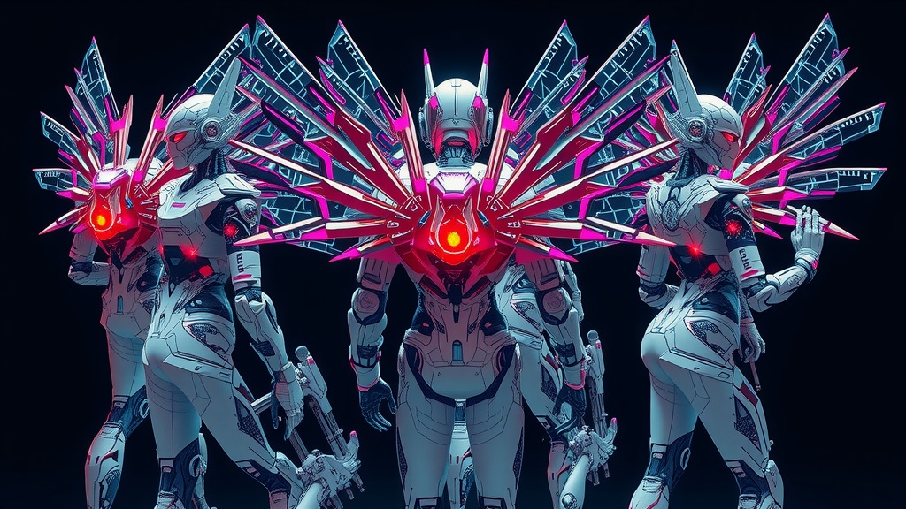 The image features a group of futuristic humanoid robots adorned with intricate, neon-colored wings. Their sleek metallic exteriors are highlighted by sharp, angular designs and vibrant reds, blues, and pinks. Positioned against a dark backdrop, the luminous glow from their wings creates a striking and dynamic visual contrast, hinting at both technological advancement and artistic expression.