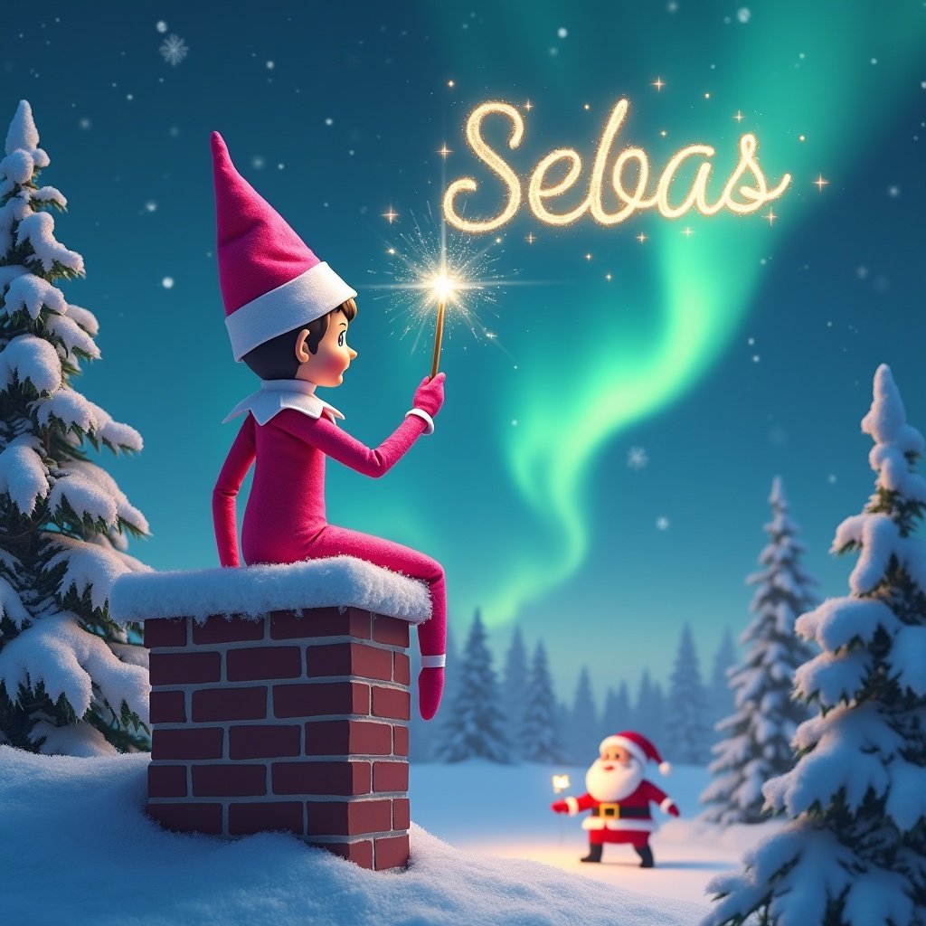 A pink elf on a shelf sits on a chimney with back facing. Sparkling wand writes name 'Sebas' in the night sky. Enchanting northern lights dance above. Snow-covered trees nearby. Santa Claus can be seen in the distance. Scene captures whimsical holiday spirit.