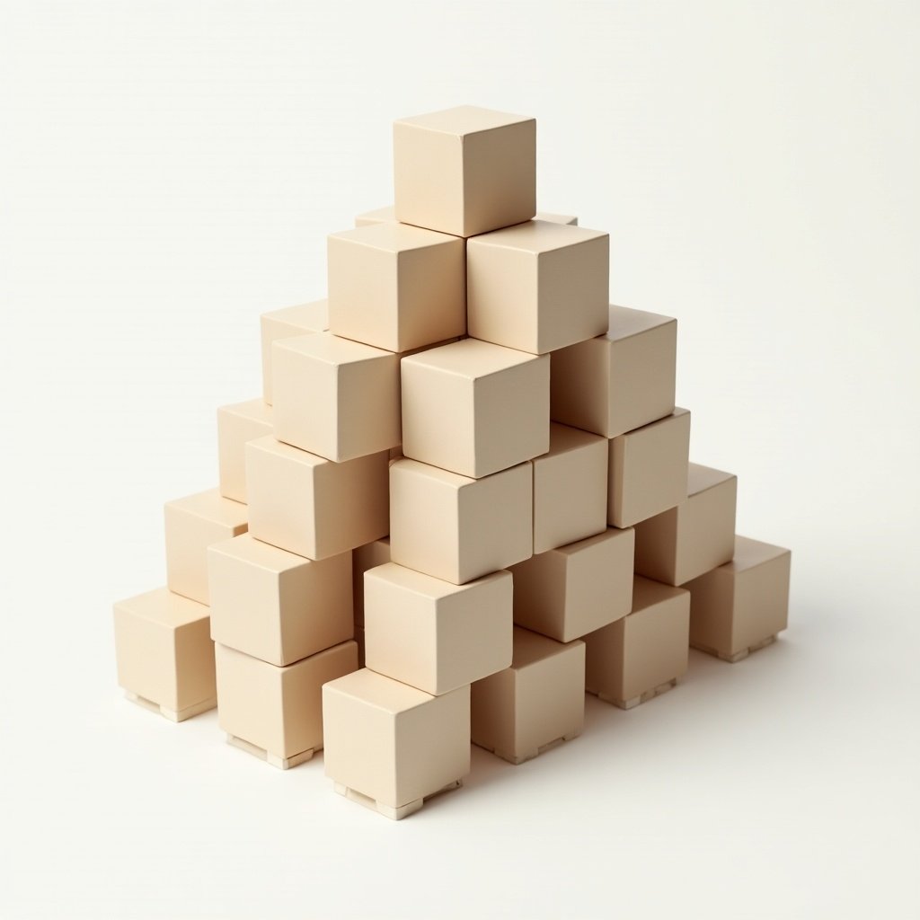 Cubes are stacked to form a pyramid. The cubes are light beige and arranged at an angle.