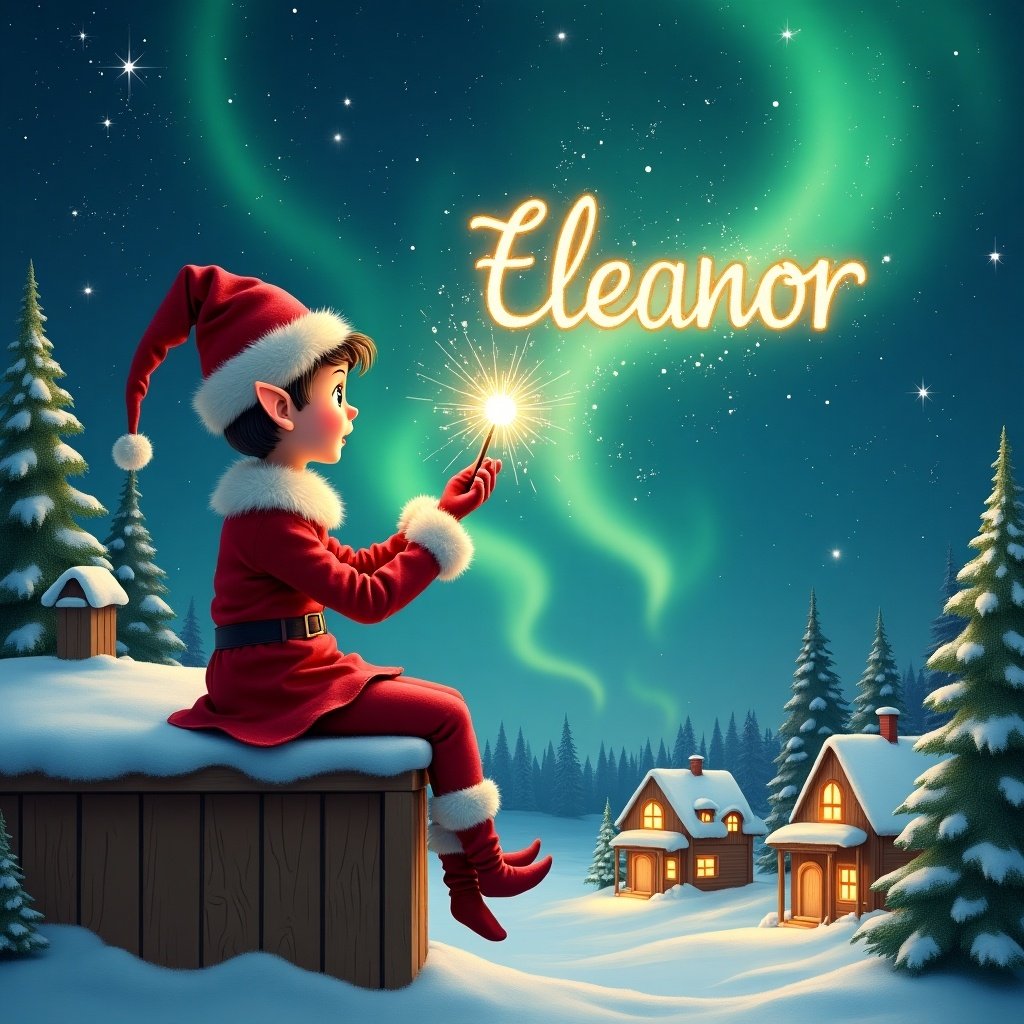 An elf sits on a wooden ledge. The elf looks at a sky filled with Northern Lights. Dressed in a red outfit and a pointed hat, the elf holds a sparkling wand. The elf magically writes the name 'Eleanor' in light. Charming houses and evergreen trees surround the elf. The scene conveys childhood wonder and the joy of Christmas. The elf also writes the names 'Quint' and 'Leo'.