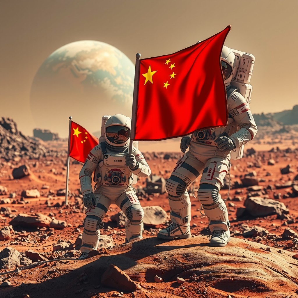 Astronauts plant a Chinese flag on the Martian surface with Earth visible in the background.