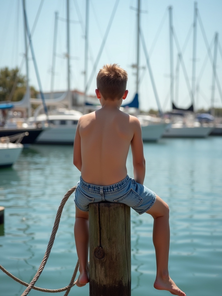 A boy sits on a mooring post in a harbour. The scene features boats in the background. He wears short shorts and faces away from the camera. The atmosphere is relaxed and sunny.