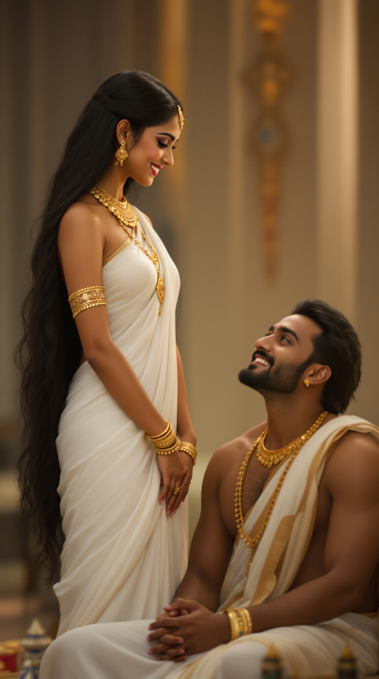 Urvashi stands before Arjuna. Long black hair cascades over her shoulders. Her large eyes reflect love and she wears a captivating smile. Dressed in a white saree adorned with golden jewelry. Arjuna sits calmly, folding his hands respectfully. His face shows a light smile and restraint.