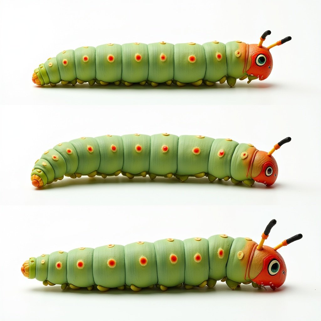 Caterpillar in three stages with vivid colors and details. Display various angles of a caterpillar. Showcase unique features such as color patterns and structures. Highlight vivid colors like green and orange.