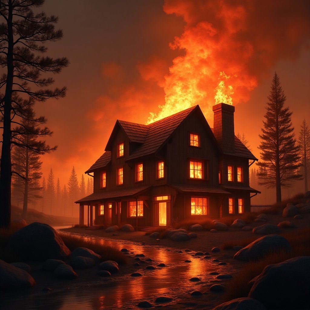 A burning inn with big red flames. Flames engulf the roof and windows. Dark forest in the background. Reflection seen in water. Dramatic fire scene at dusk.