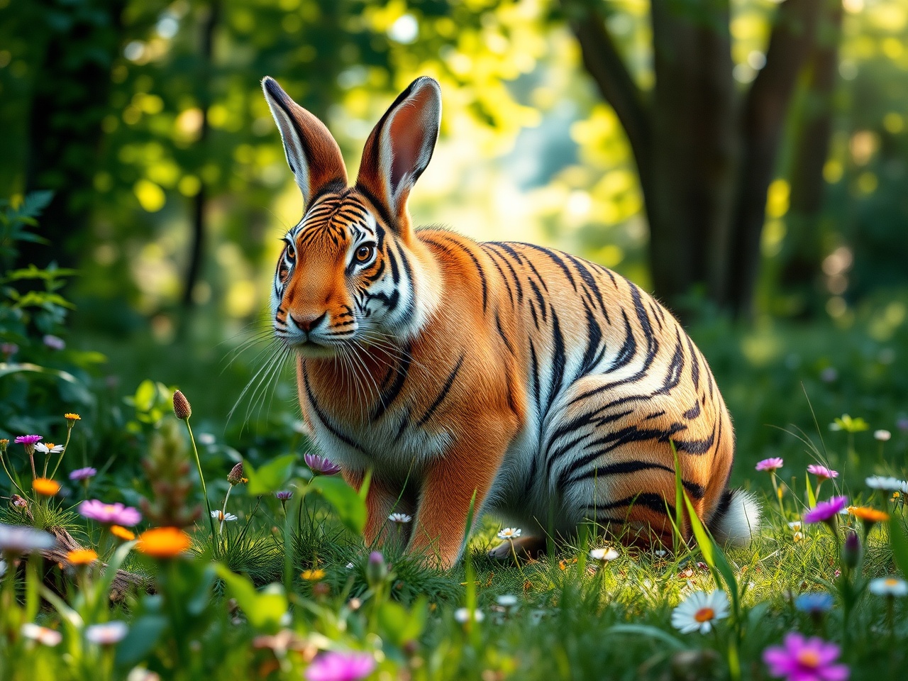 A fantastical creature that looks like a fusion between a bunny and a tiger is depicted in a lush forest setting. It has the body and stripes of a tiger, but large rabbit-like ears, creating an enchanting and whimsical appearance. The background is a vibrant mixture of green foliage, with colorful wildflowers dotting the scene, all bathed in soft, dappled sunlight.