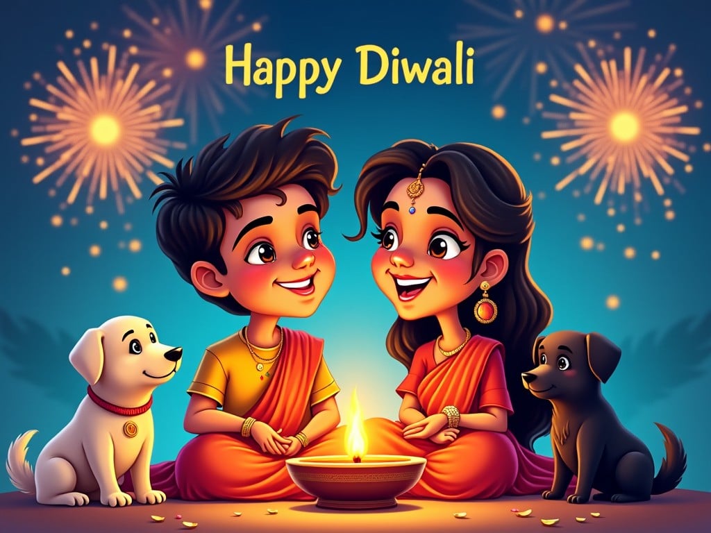 Create a cheerful and colorful caricature illustration featuring a couple celebrating Diwali. They should be around 28 years old, dressed in traditional attire, smiling at each other. Place an English cream retriever dog and a black Indian spitz nearby. In front of them is a diya symbolizing the light of Diwali, surrounded by vibrant fireworks in the sky. Include the text 'Happy Diwali' prominently at the top of the image. The scene should convey joy and festivity, full of colors and happiness.